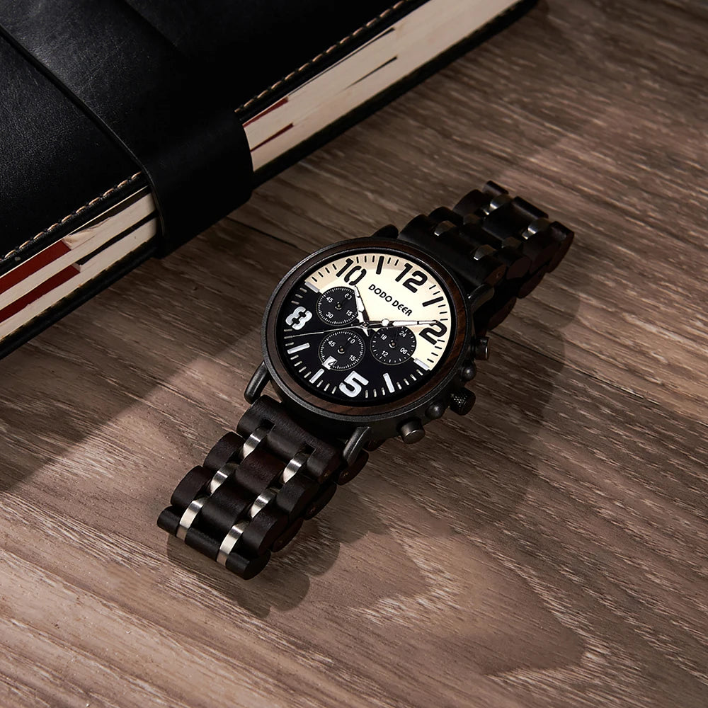 DODO DEER Black Sandal Wood Watch Quartz Chrono Men Wristwatch Multifunctional Stop Watch