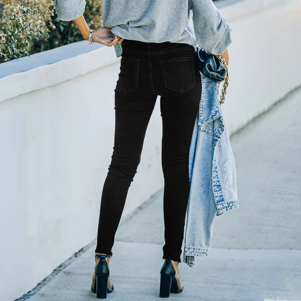 Hot Sale Mid Waist High Stretchy Black Full Length Skinny Pencil Denim Jeans Pants Elegant Elastic Legging Jeans for Women Mom