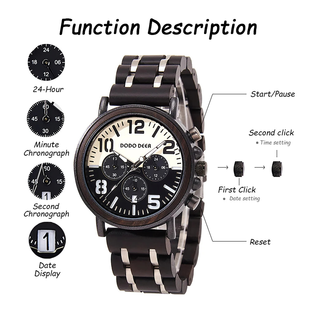 DODO DEER Black Sandal Wood Watch Quartz Chrono Men Wristwatch Multifunctional Stop Watch
