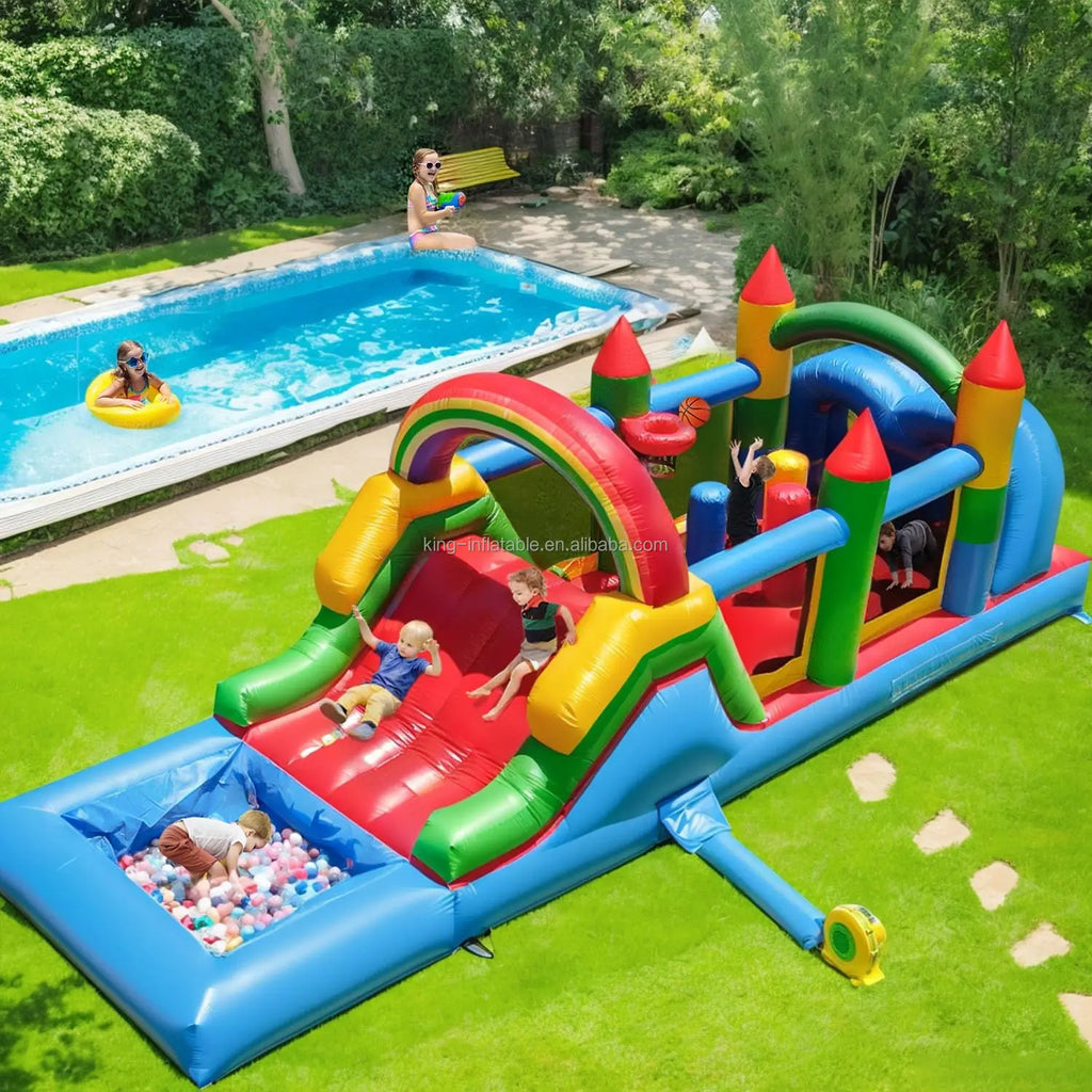 Inflatable Bouncer House Combo Obstacle Course Bounce House Castle with Slide Bounce Area,Ball Pit,Obstacles,Climb,Blower