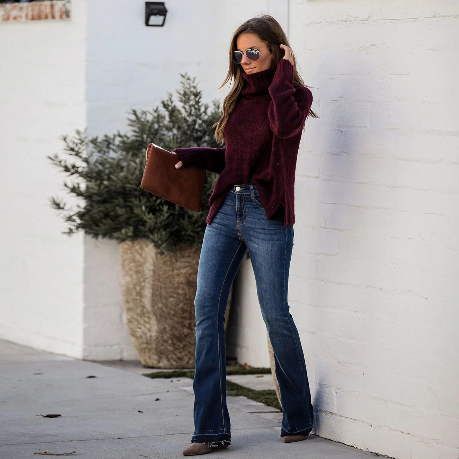 New Arrival Dark Blue High Stretchy Casual Elegant Feet Long Wide Leg Women Flared Denim Jeans Baggy Pants Trousers for Ladies