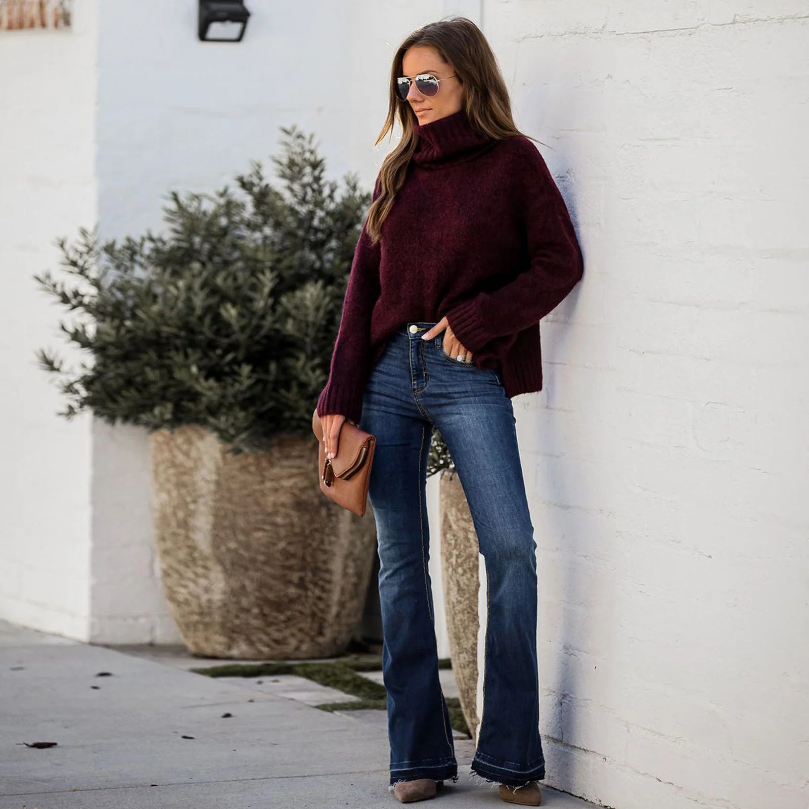 New Arrival Dark Blue High Stretchy Casual Elegant Feet Long Wide Leg Women Flared Denim Jeans Baggy Pants Trousers for Ladies