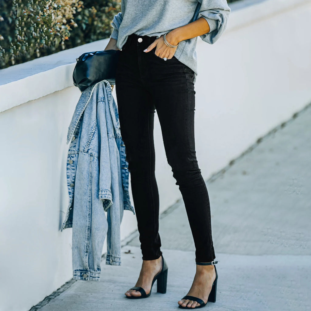 Hot Sale Mid Waist High Stretchy Black Full Length Skinny Pencil Denim Jeans Pants Elegant Elastic Legging Jeans for Women Mom