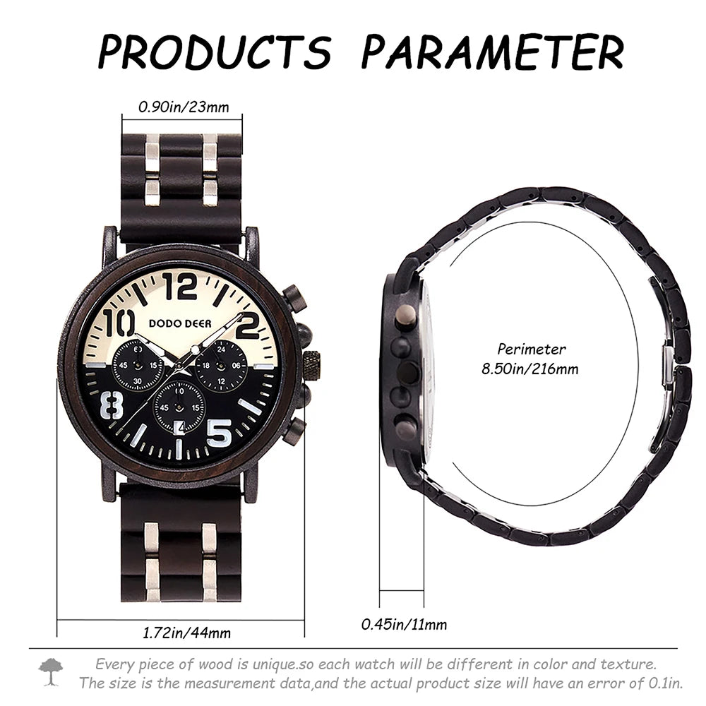 DODO DEER Black Sandal Wood Watch Quartz Chrono Men Wristwatch Multifunctional Stop Watch