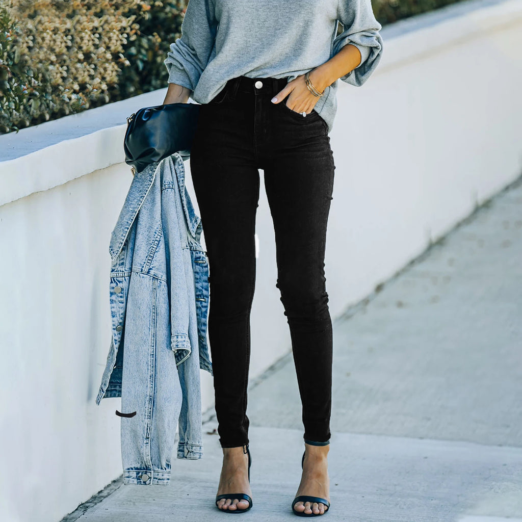 Hot Sale Mid Waist High Stretchy Black Full Length Skinny Pencil Denim Jeans Pants Elegant Elastic Legging Jeans for Women Mom