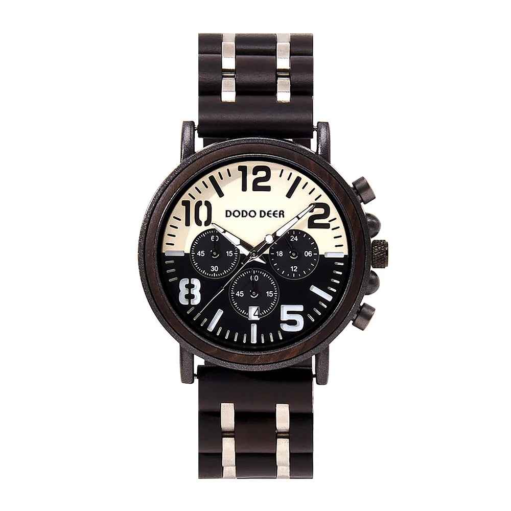 DODO DEER Black Sandal Wood Watch Quartz Chrono Men Wristwatch Multifunctional Stop Watch