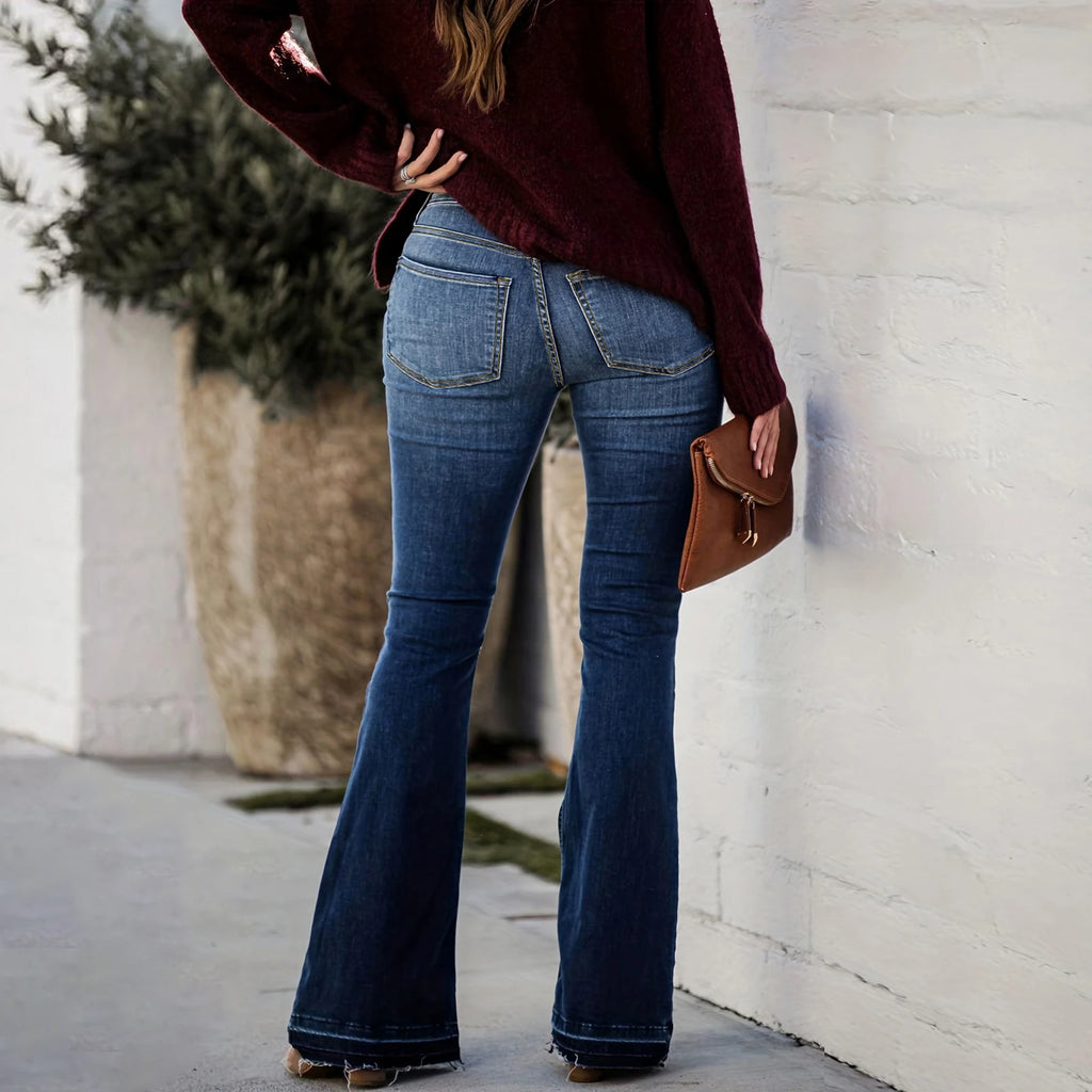 New Arrival Dark Blue High Stretchy Casual Elegant Feet Long Wide Leg Women Flared Denim Jeans Baggy Pants Trousers for Ladies