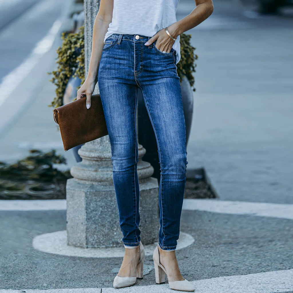 Dark Blue Four-Season Casual Soft Skinny Pencil Pants for Women High Stretchy Denim Jeans Elegant with Logo at Waist for Summer