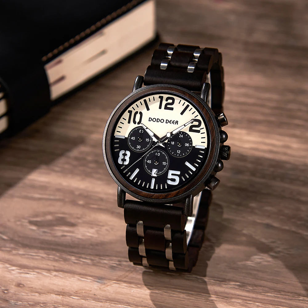 DODO DEER Black Sandal Wood Watch Quartz Chrono Men Wristwatch Multifunctional Stop Watch