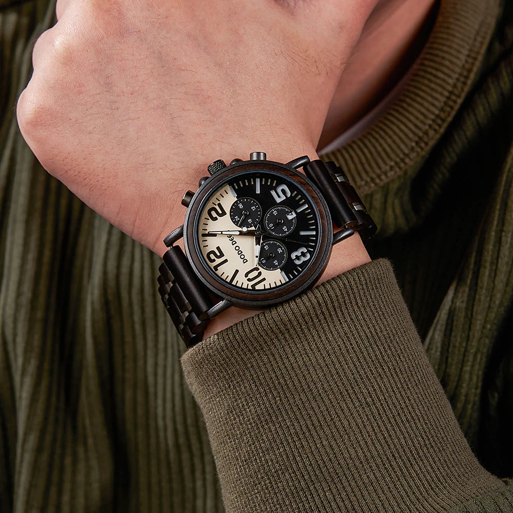 DODO DEER Black Sandal Wood Watch Quartz Chrono Men Wristwatch Multifunctional Stop Watch