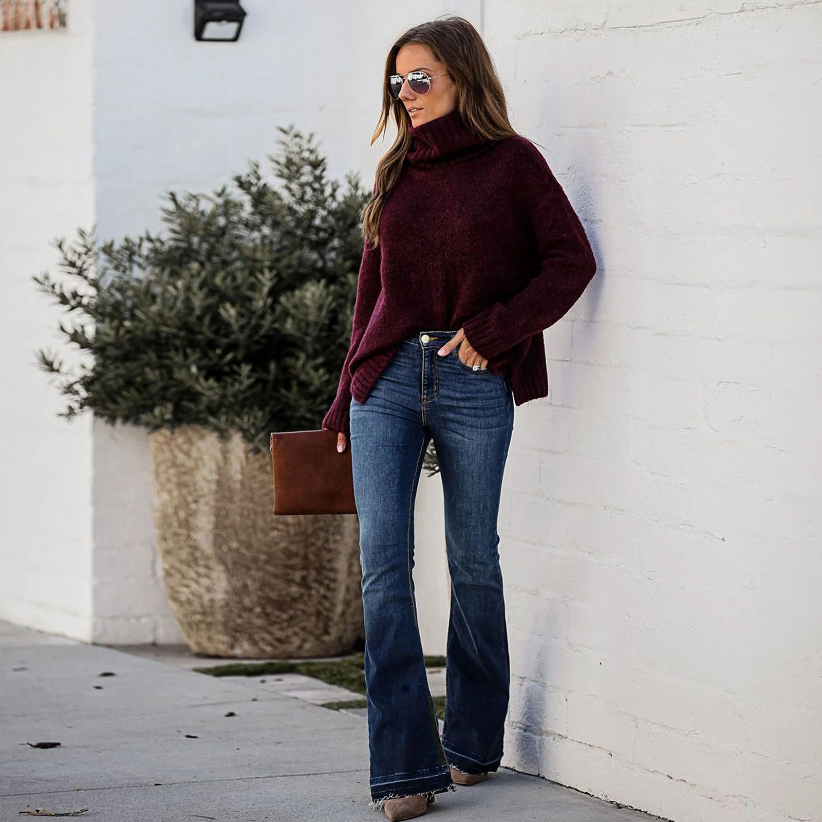 New Arrival Dark Blue High Stretchy Casual Elegant Feet Long Wide Leg Women Flared Denim Jeans Baggy Pants Trousers for Ladies