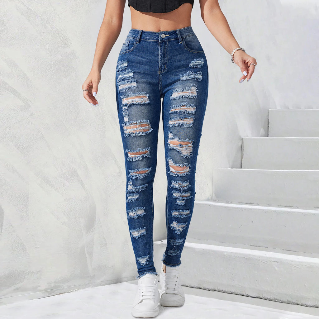 Wholesale Fashion Dark Blue High Stretchy Ripped Legging Women Denim Jeans Full Length Slim Fit Skinny Pencil Ladies Denim Pants