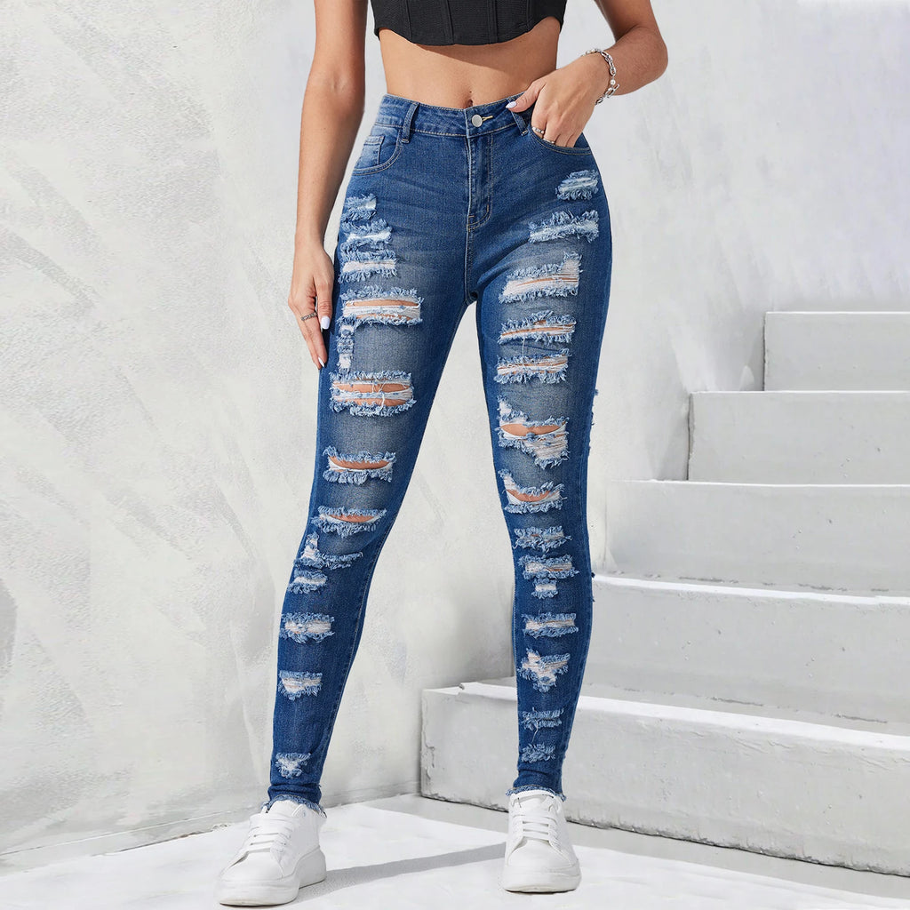 Wholesale Fashion Dark Blue High Stretchy Ripped Legging Women Denim Jeans Full Length Slim Fit Skinny Pencil Ladies Denim Pants