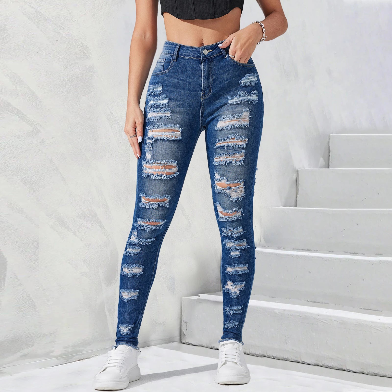 Wholesale Fashion Dark Blue High Stretchy Ripped Legging Women Denim Jeans Full Length Slim Fit Skinny Pencil Ladies Denim Pants