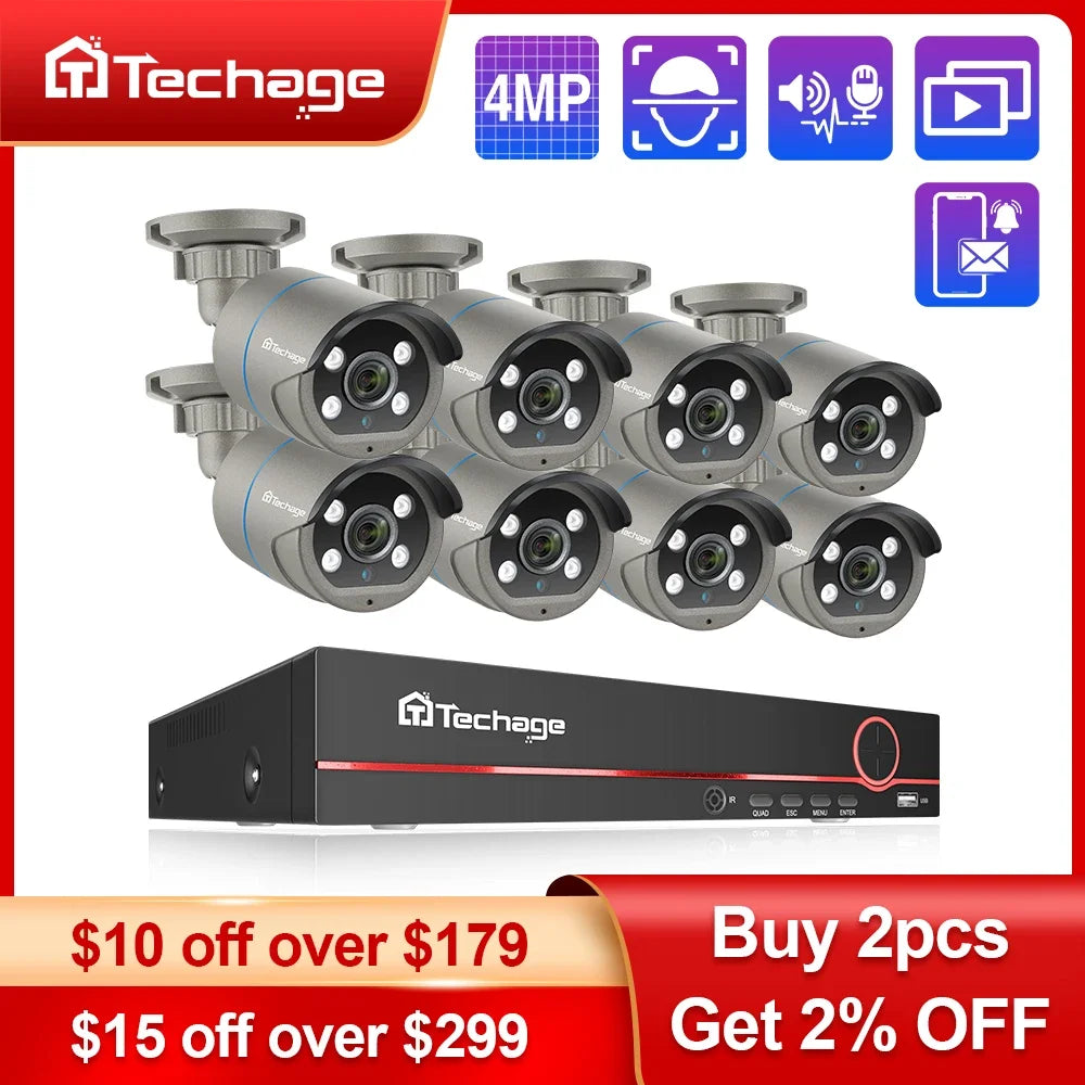 Techage 8CH HD 4MP POE NVR Kit CCTV Security System H.265 Face Detect Outdoor Two-way Audio IP Camera P2P Video Surveillance Set