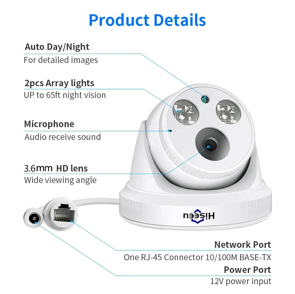 Hiseeu 5MP 3MP POE IP Security Surveillance Camera H.265+ Dome CCTV ONVIF Audio Record Motion Detection Indoor Home Roof