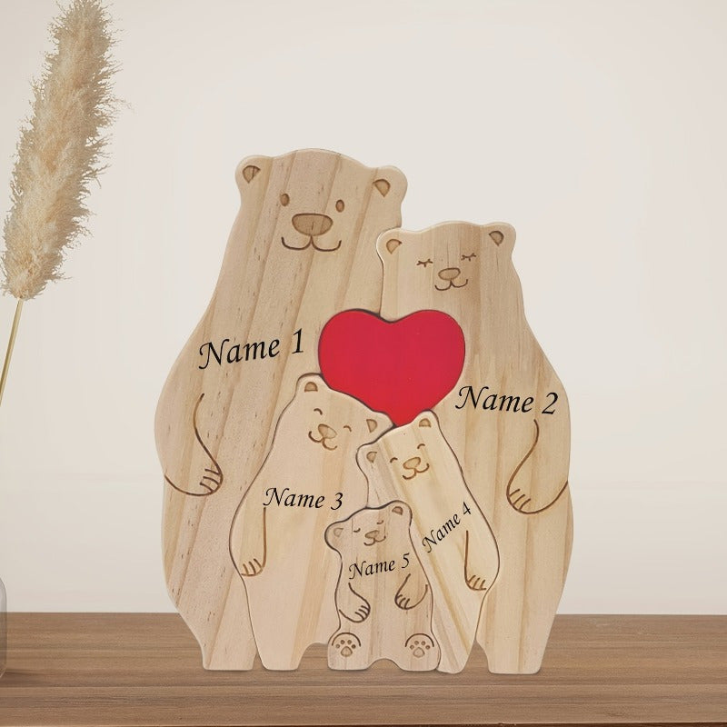 [1pc Customizable Name Wooden Bear Family Puzzle Decor] Customizable Name Wooden Bear Family Puzzle Decor, Personalized Family Memorial Standee, Versatile Seasonal Decor for Christmas, Halloween, Easter, Thanksgiving, Valenti